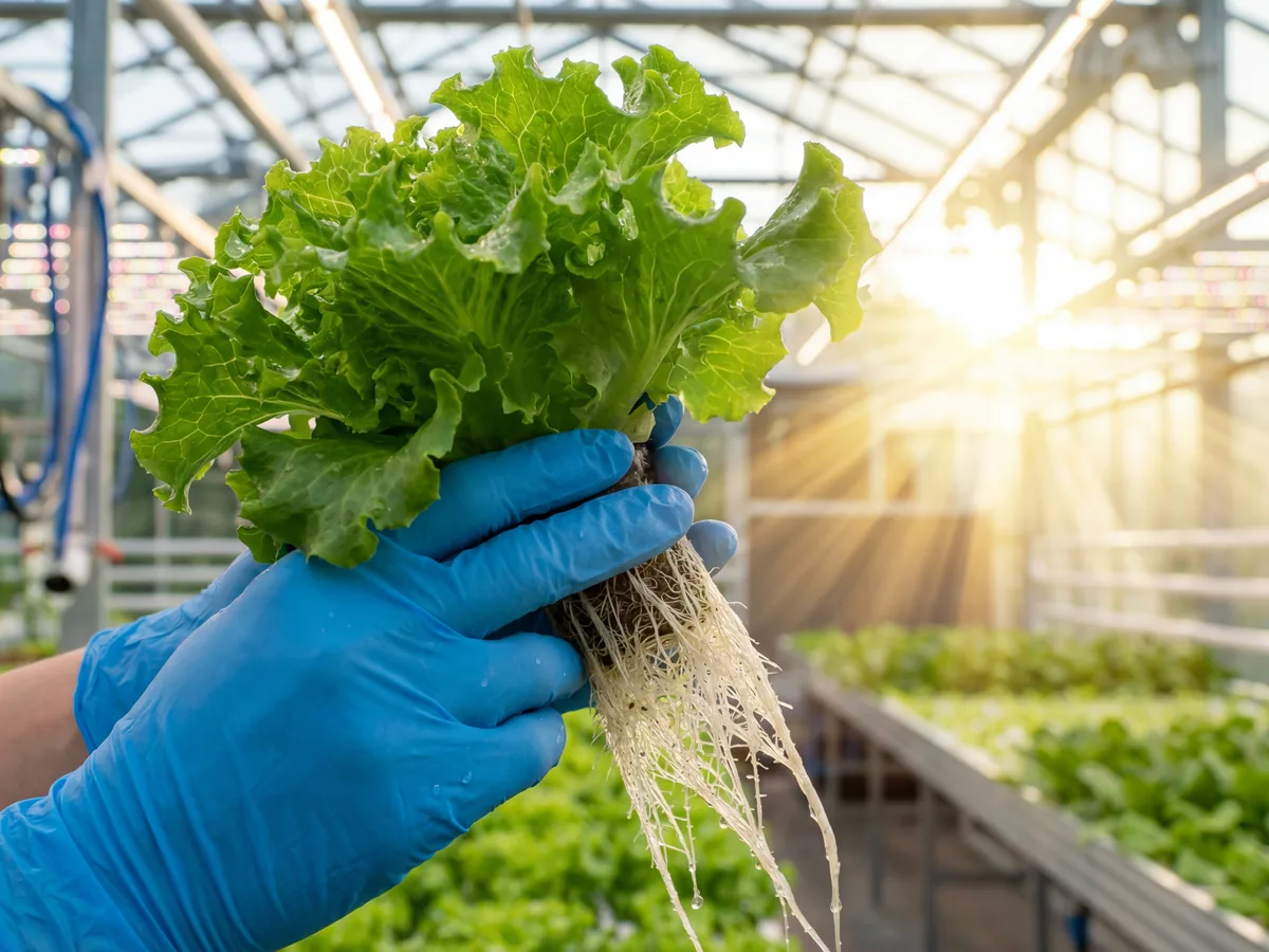 Lechuga recién cosechada en invernadero mostrando raíces blancas y sanas